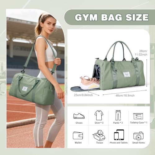 WEPLAN Torba Sportowa Damska Męska Torba Podróżna z Kieszenią na Buty Torba na Siłownię Torba Treningowa Fitness do Pływania Wodoodporna Torba Weekendowa Kobiet na Noc Basen,A9-Szarozielony