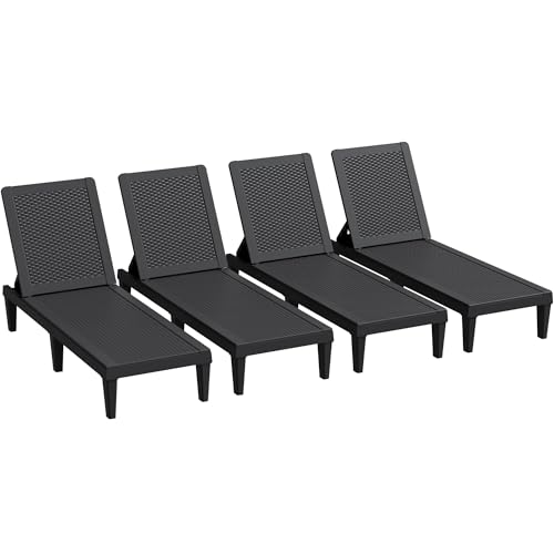 Greesum Outdoor Chaise Lounge Chairs Set of 4 with 5-Position Adjustable Backrest, Waterproof PP Sun Loungers for Garden Pool Beach Patio Deck Sunbathing, Black