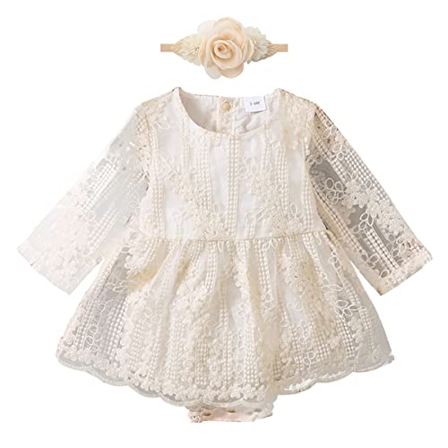Newborn Infant Baby Girl Fall Winter Romper Dress White Beige Boho Lace Floral Dress Toddler Long Sleeve Bodysuit Crochet Dress Baptism Christening First Communion Dress Light Beige + Flower 6-9M