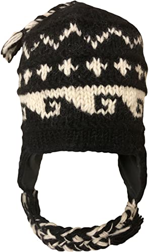 Nepal Hand Knit Sherpa Hat with Ear Flaps, Trapper Ski Heavy Wool Fleeced Lined Cap (Black/White Waves) - Thumbnail 2