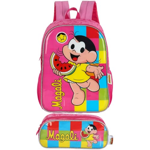 Kit Mochila De Costas Estojo Escolar Infantil Mônica Magali (Rosa)