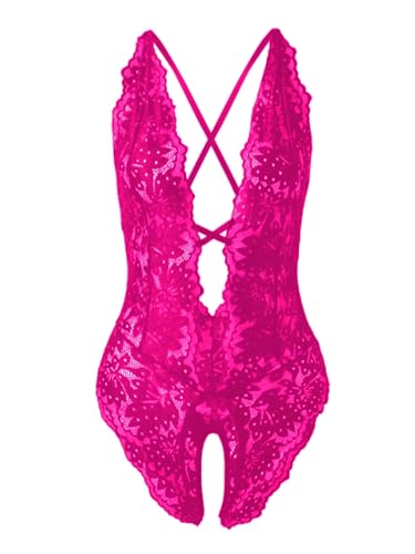 Image of SOLY HUX Women's One Piece Lingerie Sexy Lace Babydoll Deep V Teddy Criss Cross Backless Teddy Mini Bodysuit
