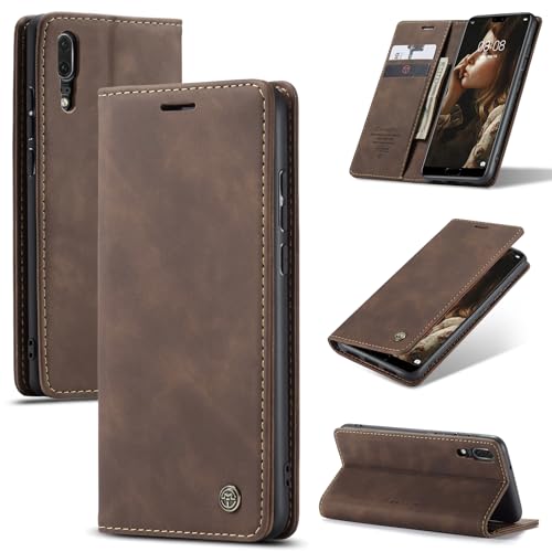Cracedily Handyhülle für Huawei P20 Hülle, Klapphülle Premium Lederhülle Klappbar Flip Hülle Tasche Magnet Kartenfach Standfunktion Klapphülle Schutzhülle für P20 5.8 Zoll, Kaffee