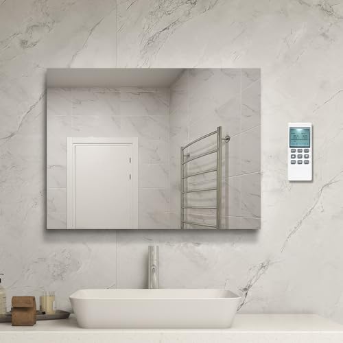byecold Infrared Heated Mirror with thermostat, 450W Electric Heating Bathroom Vanity Mirror with Remote Control Wall Mounted WaterprooF/Anti-Fog - 800x600mm