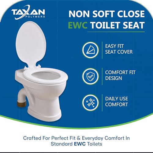 Image of TAXAN Oval Toilet Seat Cover for Standard EWC Commodes | Universal Fit Western Seat with Jet Spray Slot | Durable Non-Soft Close Design | Glossy White | 45 x 38 cm