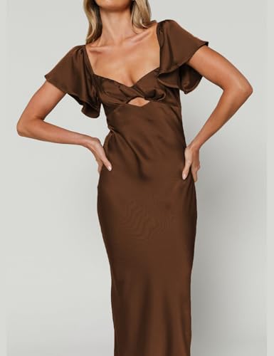Image of Summer Satin Flutter Sleeve Wedding Guest Dresses for Women Sweetheart Neckline Cutout Tie Back Midi Cocktail Dress
