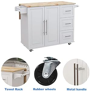 DANGRUUT Upgraded Version Thick Wood Kitchen Island Cart with Wheels and Drop Leaf Top Large Folding Extensible Tabletop Dining Cart Rolling Trolley on Wheels with Storage Cabinet 3 Drawers White