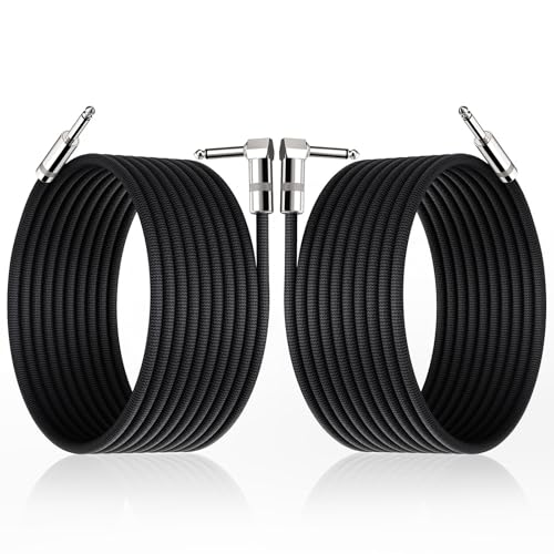 Image of Guitar Cable 15ft, 2-Pack, TS 1 /4 Quarter Inch Cords Braided | Amp Cord Shielded Electric Guitar Chord to Ampliefier, Aux Cords Right Angle Bass Instrument Cable, Black