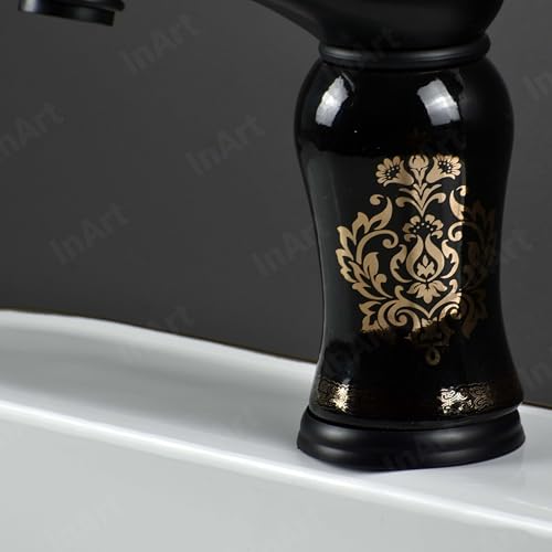 Image of InArt Black Glossy Finish Basin Pillar Cock Tap Faucet for Wash Basin, Hot & Cold Water Mixer, Single Handle, Waterfall Design, Table Mount /Deck Mount (Black) Zinc