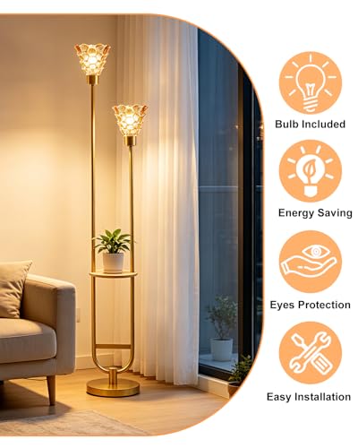 Image of Lightdot 2-Lights Modern Glass Floor Lamp with Shelf Gold Standing Tall Lamps with Amber Shell Glass Shade,LED Floor Lamp with Foot Switch for Living Room Bedroom Home Decor (3000K Bulbs Included)