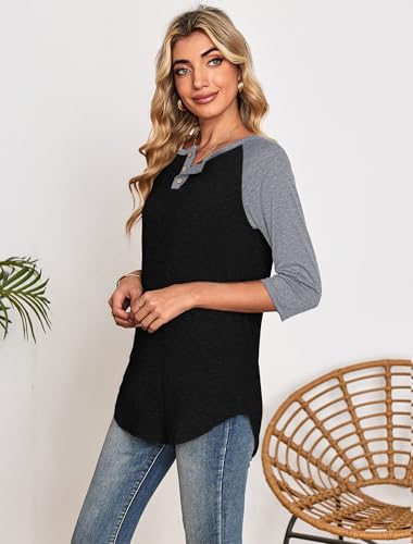 Halife Women's Casual 3/4 Sleeve T Shirts Button V Neck Tunic Blouses Color Block Basic Tee Tops Loose Fit Summer Shirt3