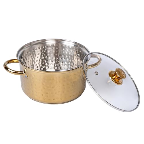 Image of Zaib TOPSYTURVY Stainless Steel Hammered Gold PVD Coated Saucepot with Glass Lid 20 CM | Multipurpose Cooking Pot for Gas & Induction | Even Heat Distribution