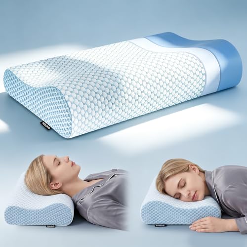 Polovo Neck Pillow Memory Foam Pillows for Sleeping, Ergonomic Cervical Pillow Neck Support Pillow Bed Pillow for Side Back Stomach Sleepers, Contour Pillow for Neck and Shoulder Pain Relief (Blue)