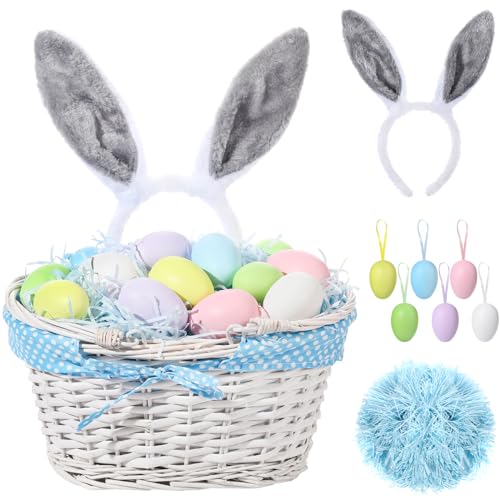 Image of SiliFine Easter Bunny Gift Basket Set Include Wicker Basket with Liner Gingham, Easter Bunny Headband, Easter Eggs, Raffia Paper Grass, Easter Gift for Party Favor Decoration(Blue)