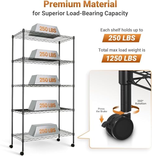 Image of Simple Deluxe 5-Tier Heavy Duty Storage Shelving Unit, 1250 Lbs Loading Capacity, 29.92 inch W x 13.98 inch D x 61.02 inch H, Black
