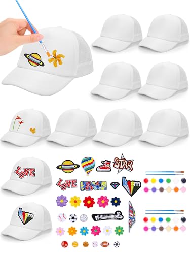 Aneco 48 Pcs DIY Blank Trucker Hats Kit Adjustable Baseball Caps with Embroidered Patches Paint Tools for Sports, White