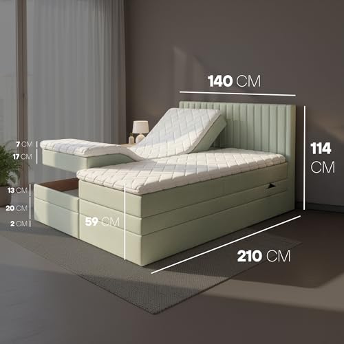 TRADA Boxspringbett ADÈLE 140 x 200 cm – elektrische Bett mit Matratze + Tooper und Bettkasten - Stoffbezug Veloursstoff - Hellgrau - 140 x 200 cm – Bild 3