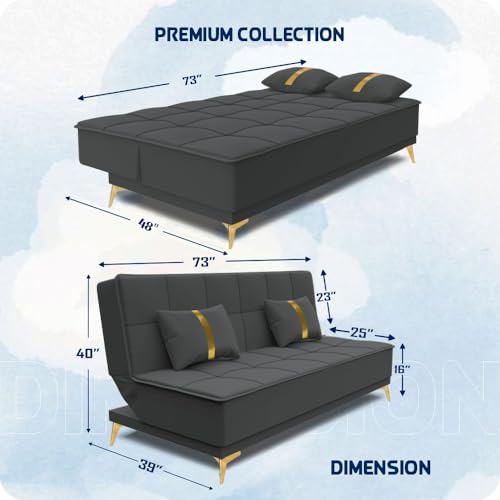 Image of Adorn India Premium New Alyssum 3 Seater Sofa Cum Bed 4X6 Velvet Suede with 2 Cushions (Color Dark Grey) and Suitable for All Indoor, with 3 Years Warranty