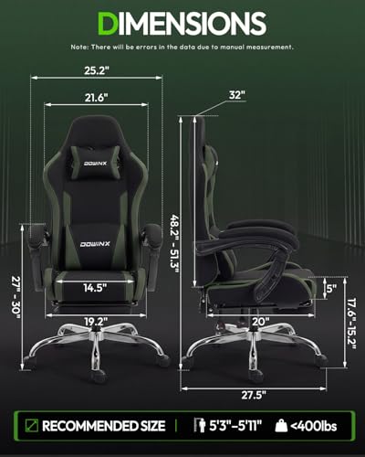 Image of Dowinx Ergonomic Gaming Chair with Footrest & Massage Lumbar, 2D-Linkage Armrests for Computer Chair 330lbs with Headrest Pillow for Office, Home, Streaming and Long Gaming Sessions, Fabric Dark Green