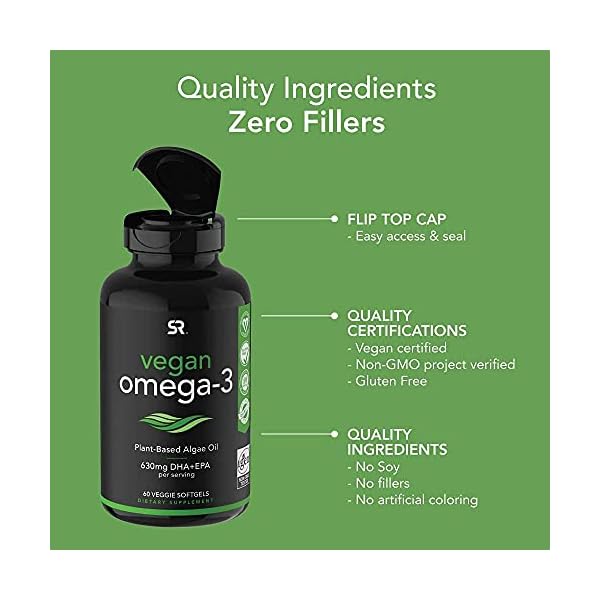 Sports Research Vegan Omega-3 Fish Oil Alternative from Algae Oil - Highest Levels of Vegan DHA & EPA Fatty Acids | Non-GMO Verified & Vegan Certified - 60 Veggie Softgels (Carrageenan Free)