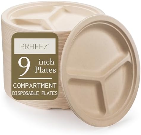 brheez Heavy Duty Compartment Disposable Plates 9 Inch 110 Plates Eco-Friendly 100% Plant Fiber Biodegradable Compostable Paper Plates Alternative – Natural