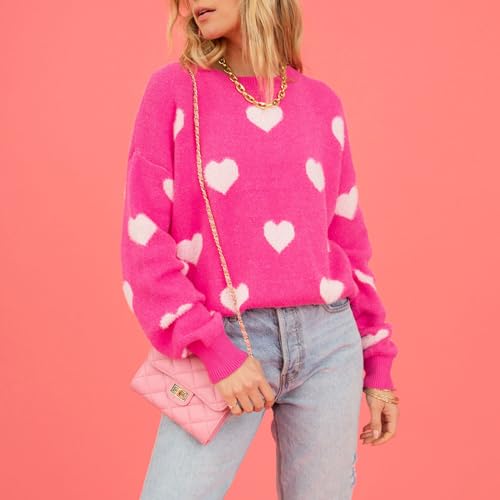 Image of Women's Valentine Love Print Heart Fun Sweater Casual Crewneck Long Sleeve Knit Sweatshirts Pullover Tops