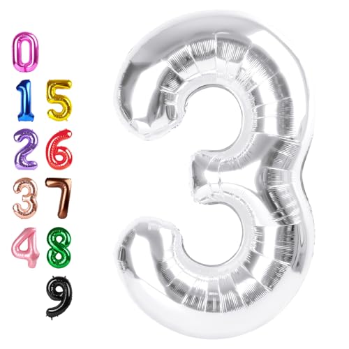 Image of Number Balloons Silver 3 Balloon 40 inch for 3rd Birthday Party Decorations | Saturated Color, Large 40 inch, With Straw & Hanging Hole, For Back-To-School Season, Anniversary, Christmas, New Year