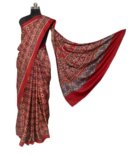 Image of Ethnics of Kutch Womenss Ajrakh Modal Silk Natural Dye Hand Block Print Saree with Blouse Piece - 5.5 Mtr Length