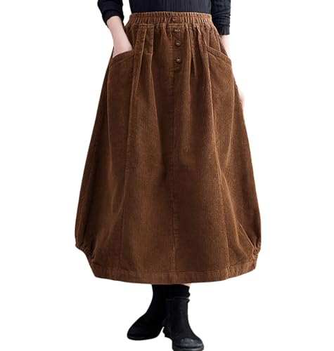 chouyatou Women's Elastic Waist Vintage Corduroy Skirt Button A-Line Swing Midi Long Skirt with Pockets