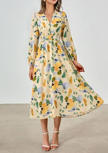 PRETTYGARDEN Women's Floral Midi Dress Casual Fall V Neck Long Sleeve Flowy Spring Beach Wedding Guest Vacation Dresses