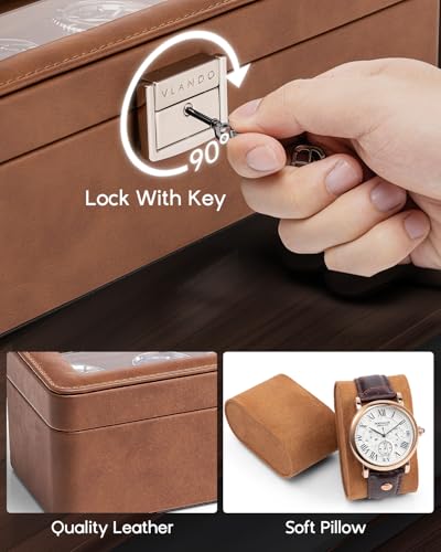VLANDO Uhrenbox Herren, 6 Uhren Uhrenkasten Leder, abschließbarer Uhrenkoffer mit Glasdeckel, Watch Box Uhrenaufbewahrung mit PU Uhrenkissen, Geschenk für Väter, Ehemann, Freund, Braun