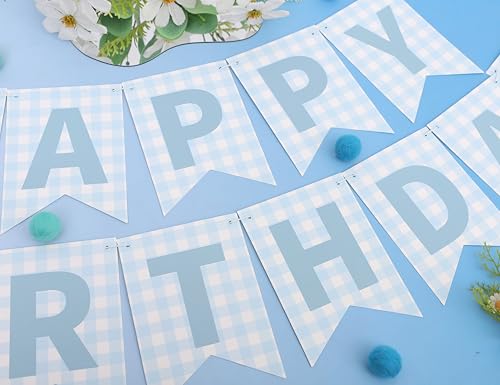 Blue Gingham Happy Birthday Banner,Blue Gingham First Paty Decoration by UOAOU - Used condition - Image 7