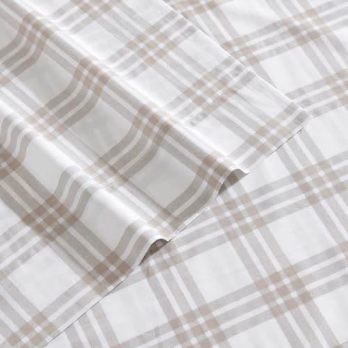 Image of Eddie Bauer - Queen Sheet Set with Fitted Sheet & Pillowcases, 100% Cotton Percale Bedding, Crisp & Cool, Deep Pocket, Basic Plaid Beige