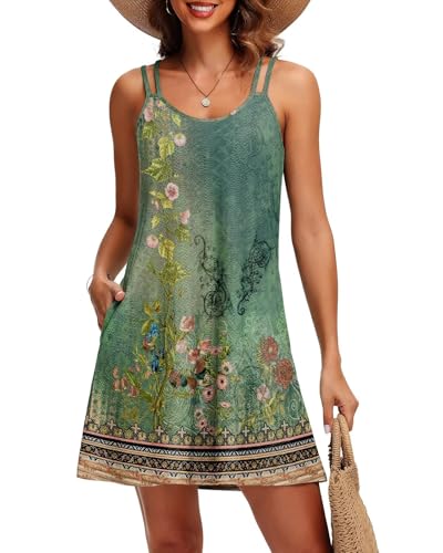 Tanmolo Sommerkleid Damen Strandkleid Spaghettitrger Freizeitkleid Kurz Ärmellos Tank Kleid Leicht und Luftig M Grün Blumig
