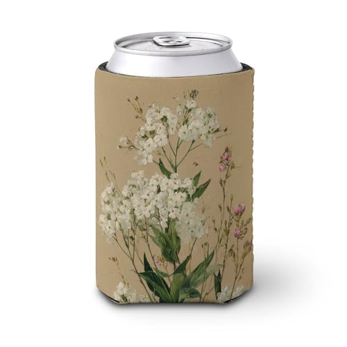 Enfriador de latas de cerveza, flores silvestres blancas botánicas sobre beige, cubierta vintage para latas de cerveza, enfriador de cerveza, soporte de bebidas aislado suave para fiestas, playa