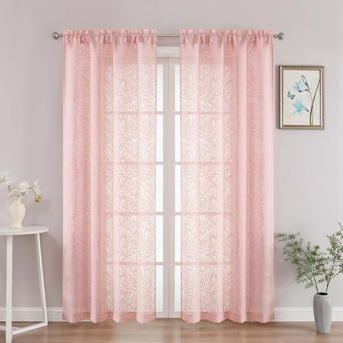 OVZME Blush Pink Sheer Curtains 72 Inches Long 2 Panels, Voile Soft Airy Leaf Jacquard Textured Elegant Sheer Curtains for Living Room Bedroom Door Window, Dual Rod Pocket Drapes, 2x42Wx72L Inches