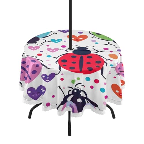Wajiw 60 Inch Indoor Outdoor Round Tablecloth with Umbrella Hole and Zipper Waterproof Patio Table Cover for Camping Dining Room Party Outdoor Picnic,Ladybug
