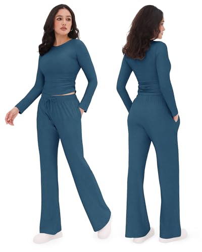 Image of ZOOSIXX Lounge Sets for Women - 2 Piece Outfits Crop Tops with Fold Over Flare Leggings Fall Loungewear Fitted Pajama