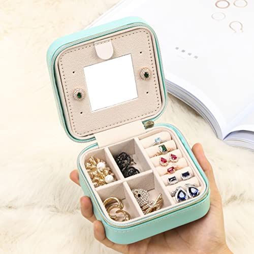 Image of TRODANCE Jewelry Case with Mirror, Small Travel Jewelry Organizer, Portable Mini Storage Box for Rings, Earrings, Necklaces (Blue)
