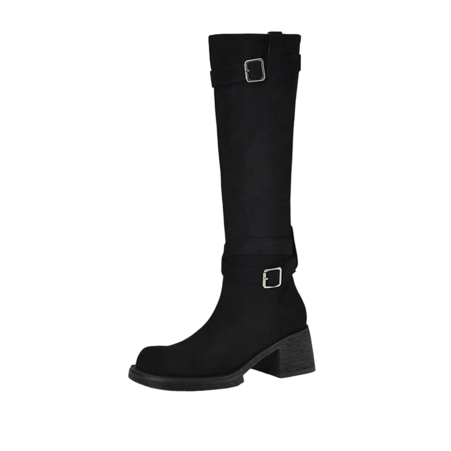 Alloaone Womens Flock Knee High Riding Boots Round Toe High Thick Heel With Metal Buckle And Zipper For