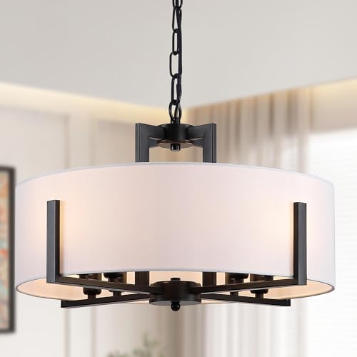 Bosomfr 20" Black Drum Chandelier 8-Light Modern White Fabric Adjustable