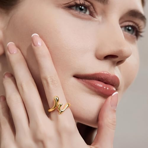 Cicy Bell 18k Gold Plated Rings for Women Trendy Irregular Waterdrop Melting Liquid Statement Chunky Ring Minimalis Jewelry Gifts3