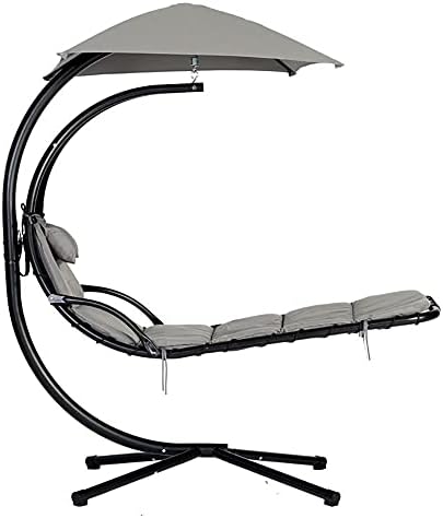Outdoor Hanging Curved Steel Chaise Lounge Chair Swing,for Backyard, Patio, Weather-Resistant Pillow,Removable Canopy Shade, Steel Stand,Gray