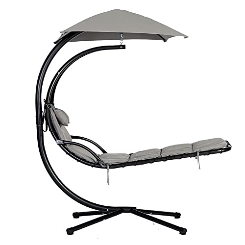Outdoor Hanging Curved Steel Chaise Lounge Chair Swing,For Backyard, Patio, Weather-Resistant Pillow,Removable Canopy Shade, Steel Stand,Gray #TOP8