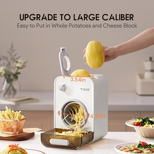 TER Electric Cheese Grater with 5 Blades - Gourmet Vegetable Shredder 5 in 1 for Carrot, Potato and More, 110mm Large Caliber, Integrated Blade Storage Box, Grate R - Image 4