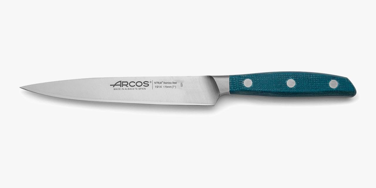 Arcos Séries Brooklyn - Couteau à Poisson - Lame Acier Inoxydable Forgé Nitrum 170 mm - Manche Micarta Couleur Bleu (Fil Soie)