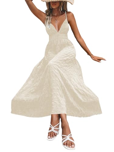 Image of Milumia Women's Summer V Neck Backless Maxi Dress Boho Spaghetti Strap A Line Flowy Beach Long Sundress