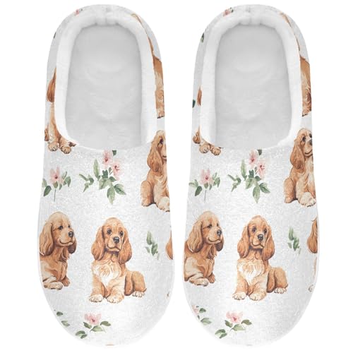 JUNZAN Cartoon Cute Cocker Spaniel Dogs White Womens Cotton House Slippers Soft Memory Foam Bedroom Slippers for Hospital Christmas Presents 6-7