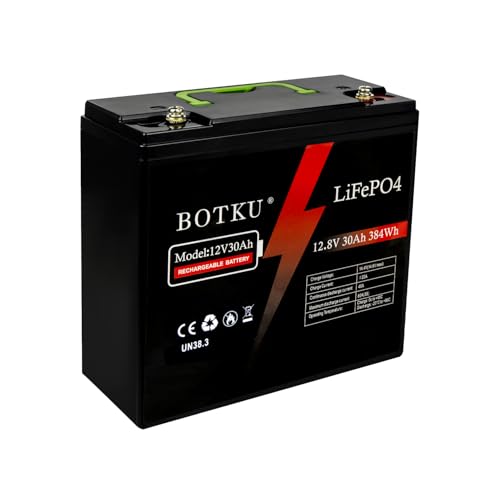 BOTKU 12V 30Ah Lithium LiFePO4 Deep Cycle Battery 3000+ Cycle Rechargeable Lithium Iron Phosphate Battery for Solar Fish Finder Marine Outdoor Camping Off-Grid Applications with 30A BMS