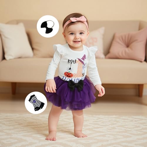 My 1st Halloween Baby Girl Outfit Ruffle Long Sleeve Romper Tulle Tutu Skirt Headband Leg Warmer Clothes Set3
